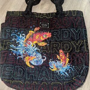 Ed Hardy Purse Tote Women's Black Koi Fish With Pockets Carryall Bag